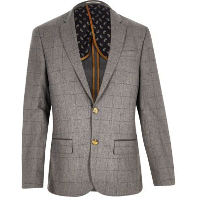 Grey check wool-blend slim blazer